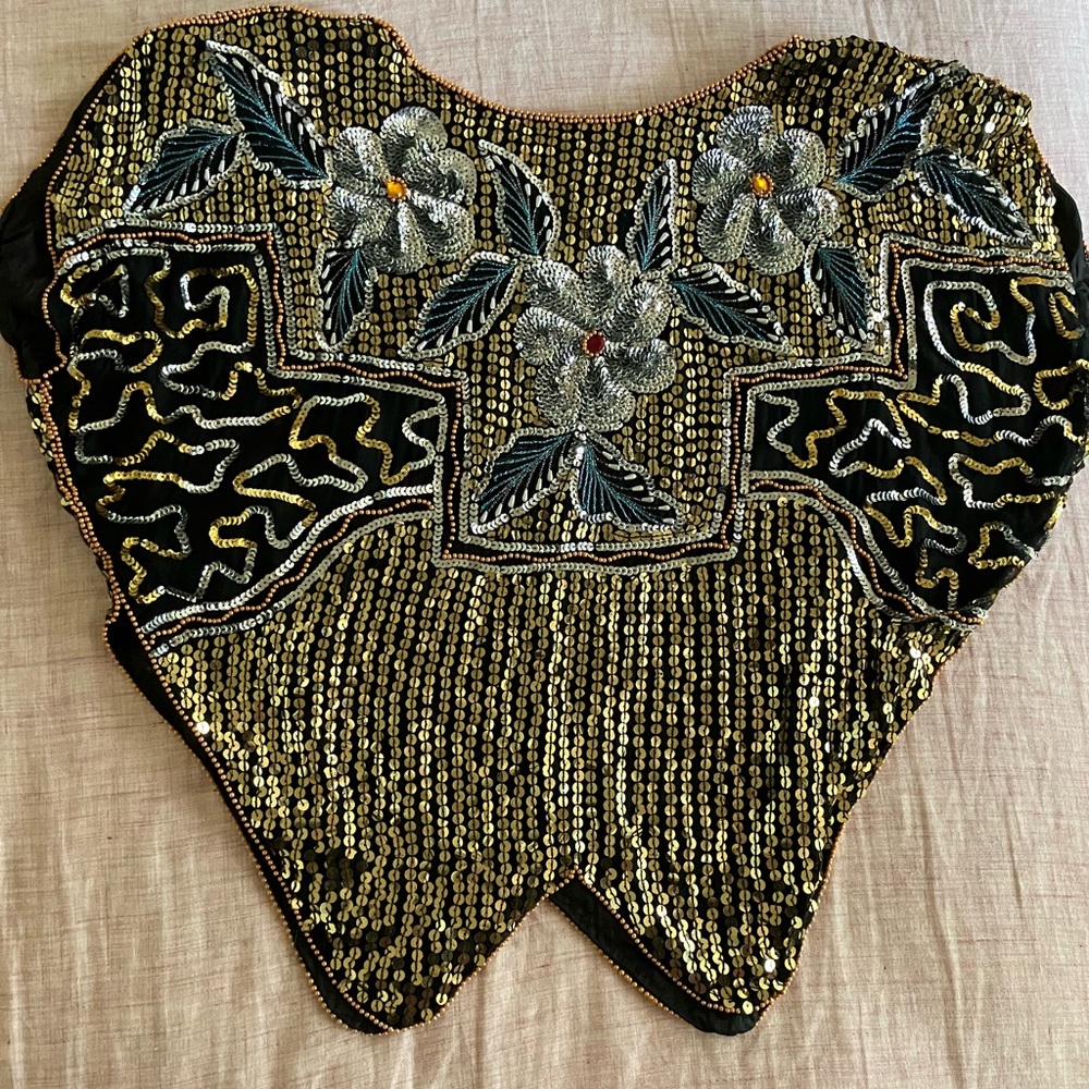 Vintage 1980s Gold & Silver Floral Sequin Blouse, size Large.